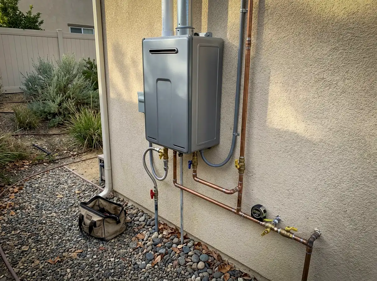 Completed tankless water heater installation with new copper water and gas lines on an exterior wall.